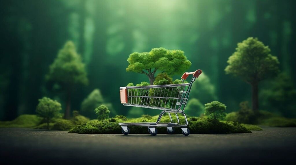 Shopping cart in front of forest.