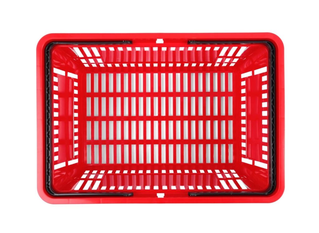 Top view of an empty red plastic shopping basket.