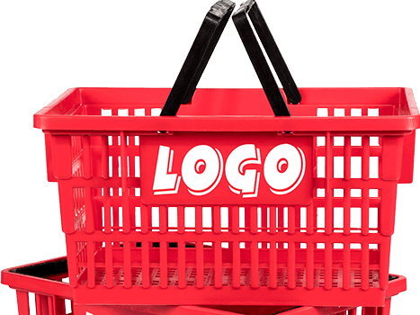 Red shopping basket with logo