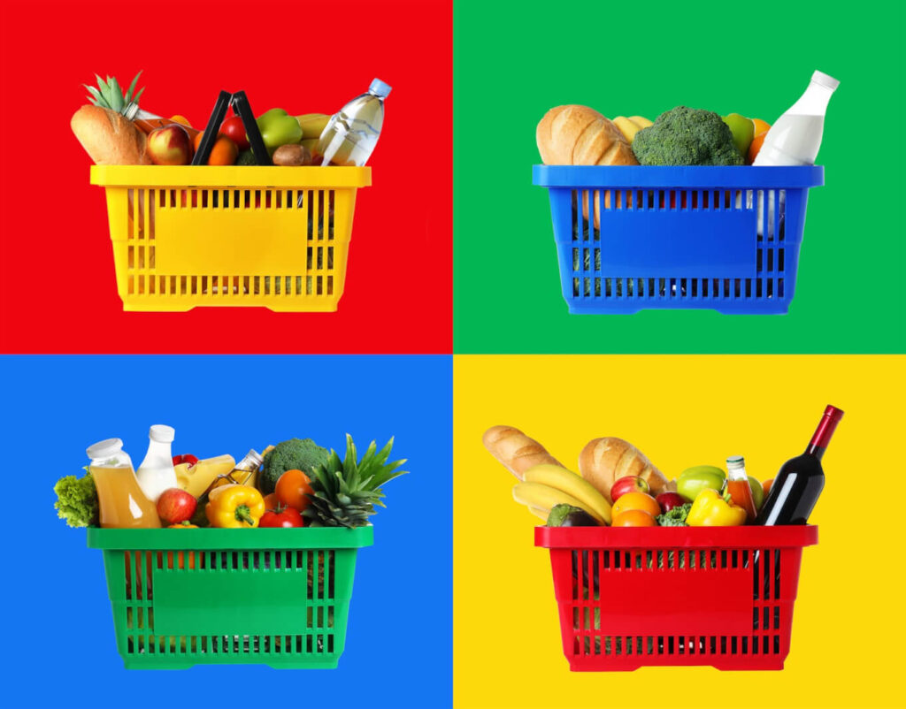 Durable shopping baskets filled with produce
