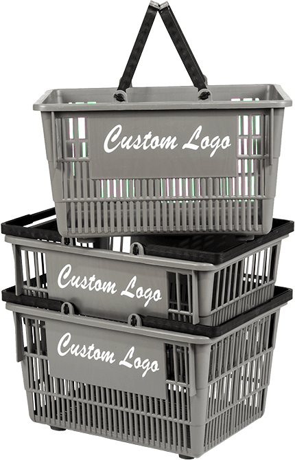 Three grey shopping baskets with "custom logo" on the sides