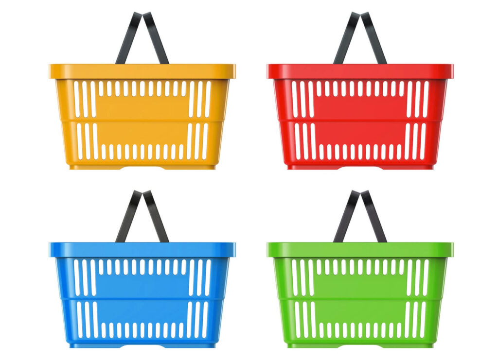 Plastic shopping baskets in multiple colors.