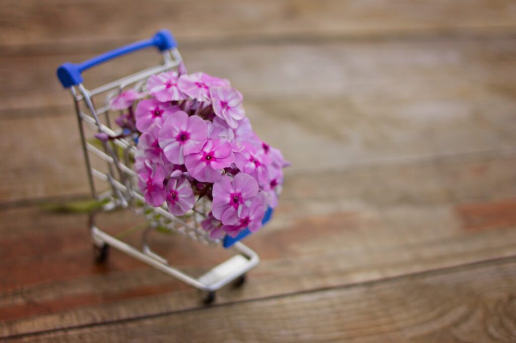 Shopping cart full of spring flowers
