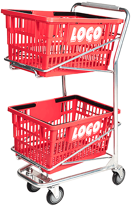 A red plastic shopping cart with two baskets and "LOGO" written on the sides.