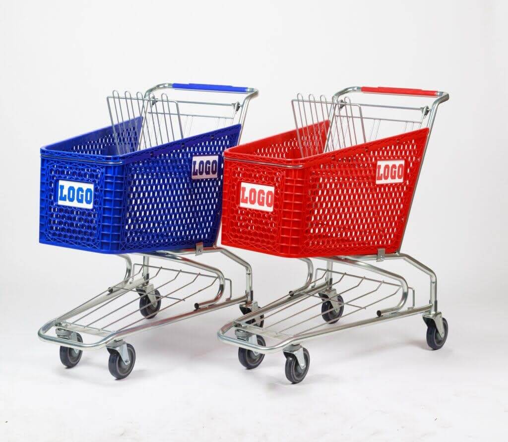 Blue and red shopping carts with "LOGO" printed on the sides.