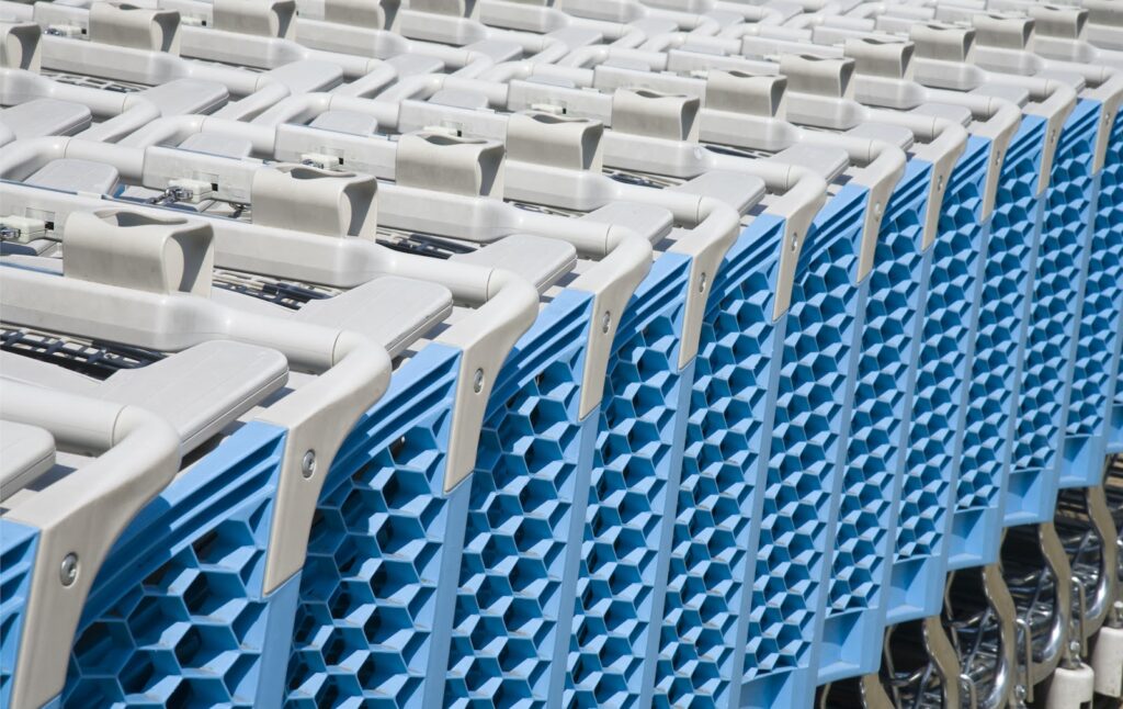 Row of plastic shopping carts