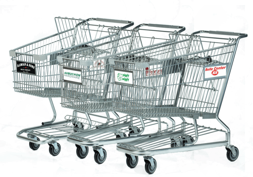 Three metal shopping cats.