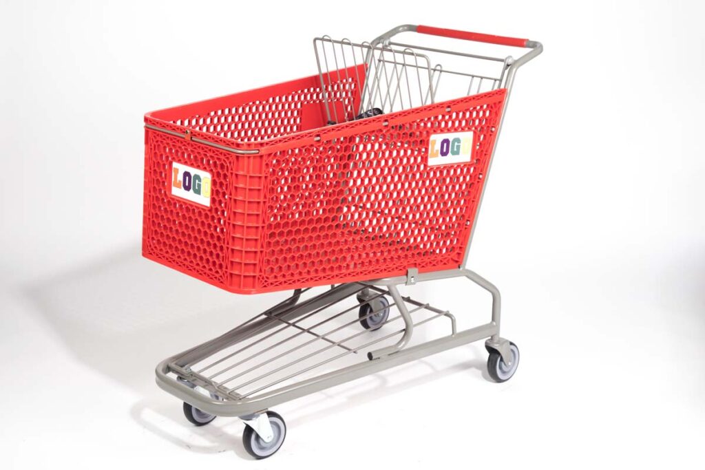 A red plastic shopping cart.