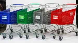 Blue, green, grey, and red shopping carts.