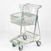 Metal shopping cart with children's seat.