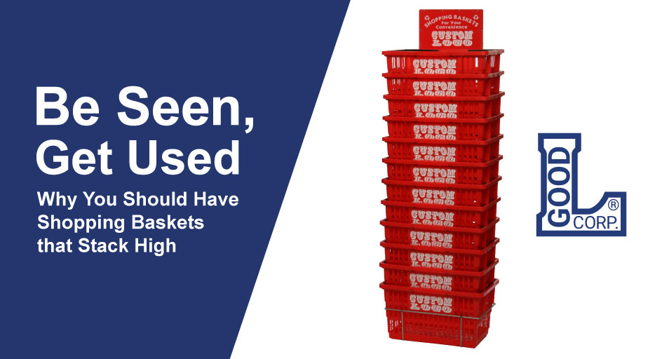 A stack of red shopping baskets.