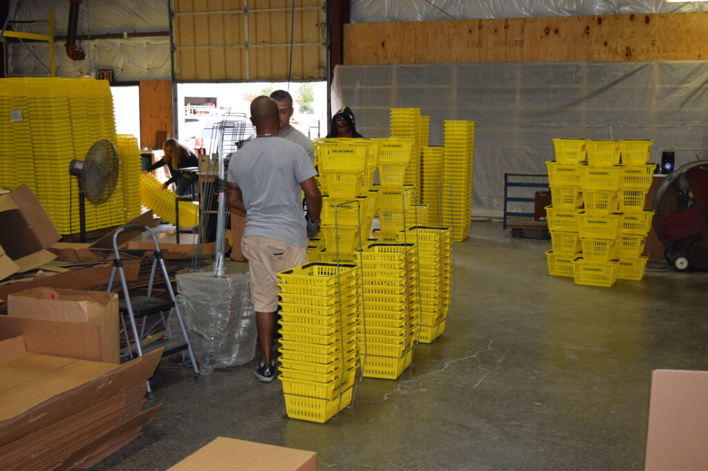 Yellow baskets in an ethical factory