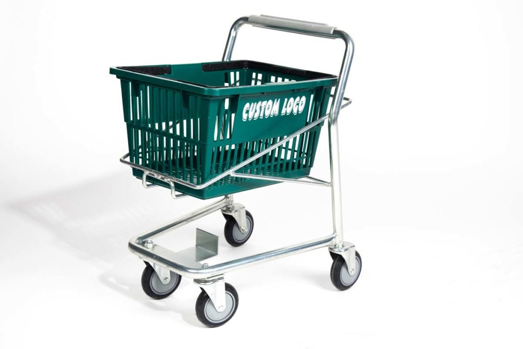 Small cart for kids with green plastic basket