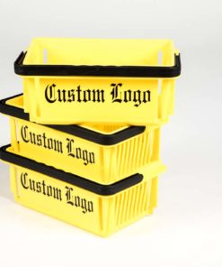 Three yellow mini baskets with black logo